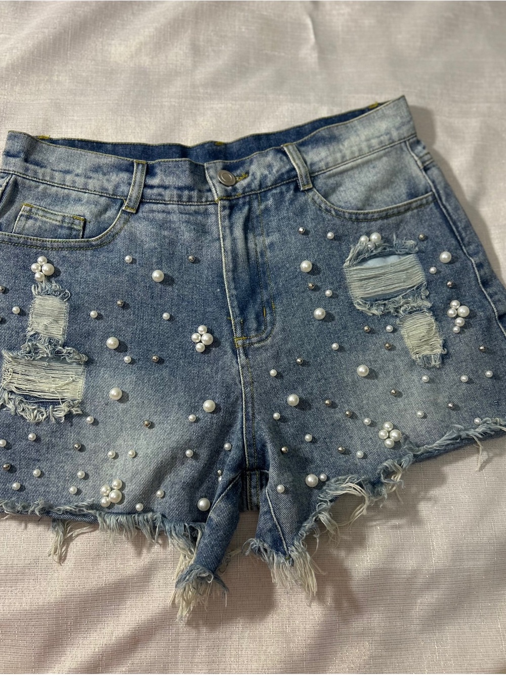 Pearl & Stud Distressed Blue Denim Shorts